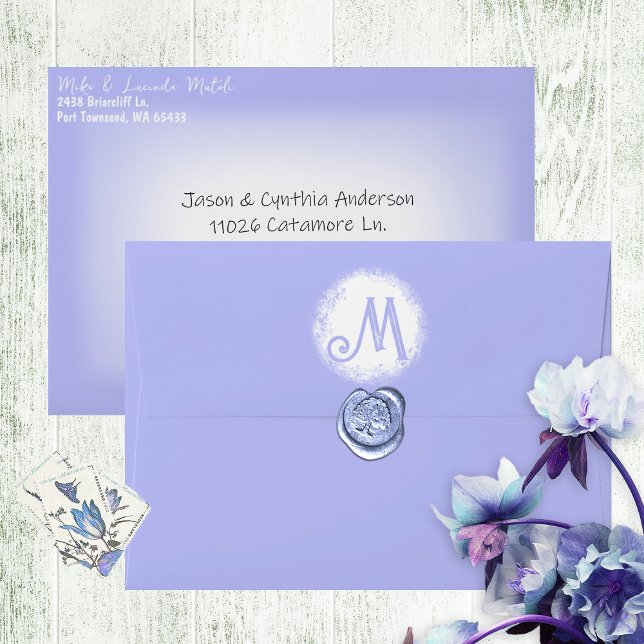 Purple Wedding Pre-addressed 5x7 Monogram Seal Envelope (Purple, lavender, periwinkle 5x7 wedding invitation envelopes, return address pre-printed on front)