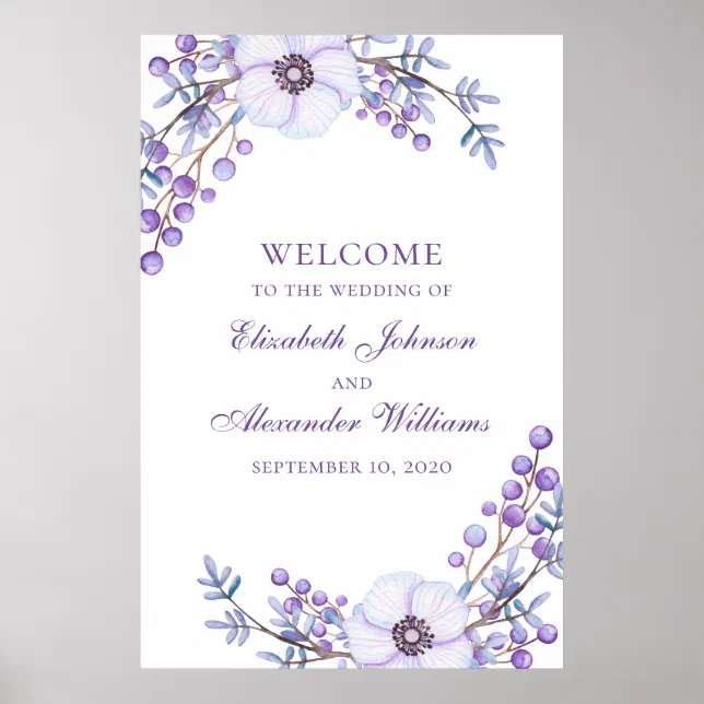 Welcome Violet Purple wedding print. Violet flowers welcome sign | Zazzle