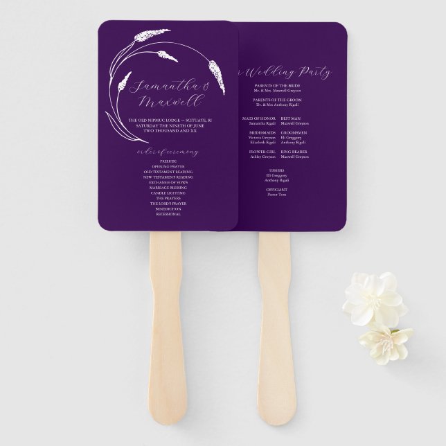 Purple Wedding Program Fan Floral Line Art (Front and Back)