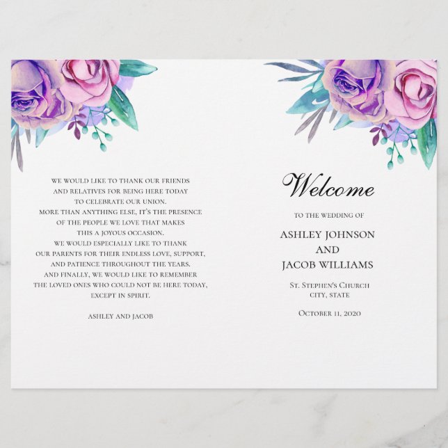 Purple wedding program folded. Lilac flowers (Front)
