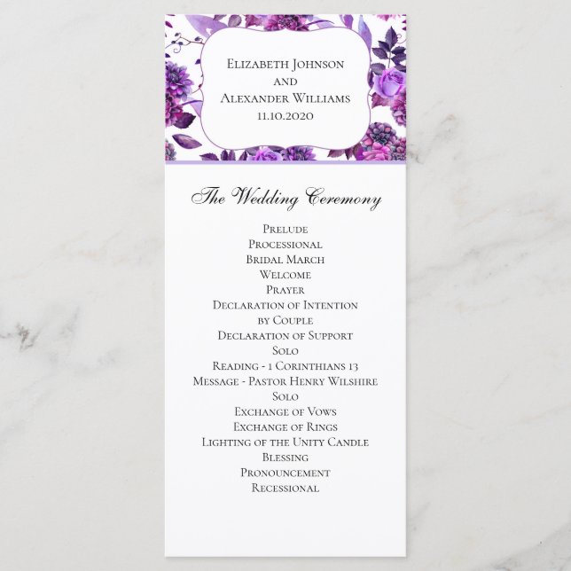 Purple wedding program. Watercolor floral ceremony Program (Front)