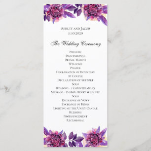 Purple wedding program. Watercolor flower ceremony Program