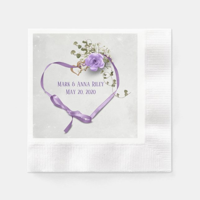 purple wedding ribbon heart with rings and rose napkins (Front)