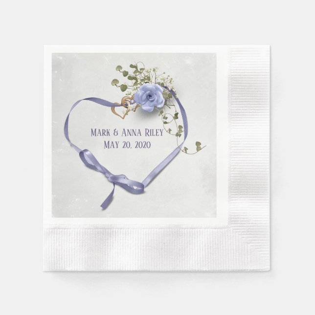 purple wedding ribbon heart with rings and rose napkins (Front)