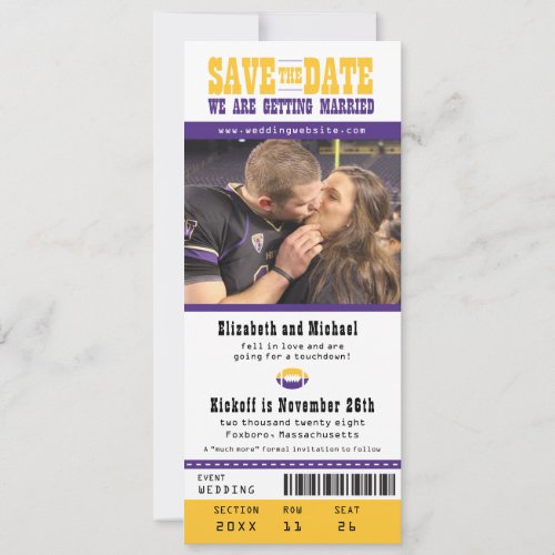 Purple  Wedding Save the Date Football Ticket