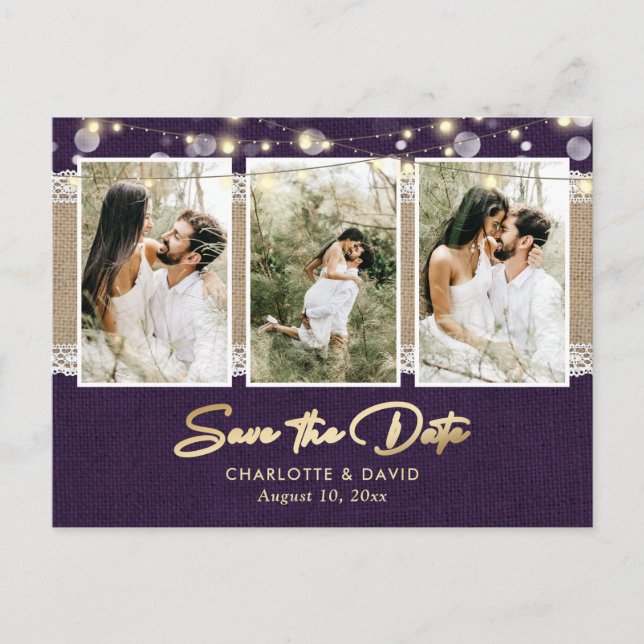 Purple Wedding Save The Date Photo Postcards (Front)