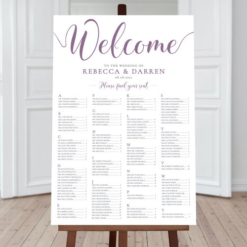 Purple Wedding Seating Chart Alphabetical Order