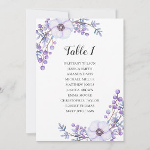 Purple wedding seating chart. Flowers table plan Invitation