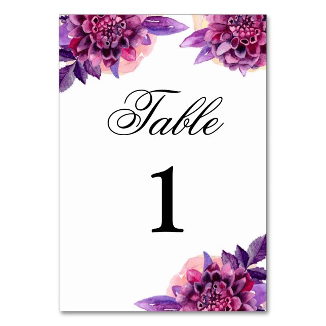 Purple wedding table number. Watercolor floral Table Number (Front)