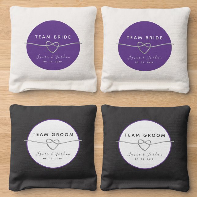 Purple Wedding Team Bride Groom Cornhole Bags (Wood)
