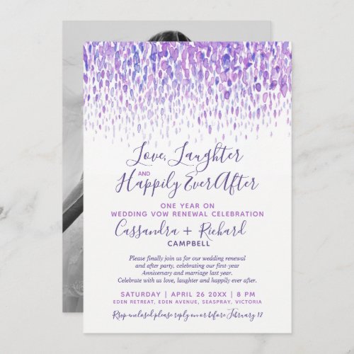 Purple wedding vow renewal 1 year on happily after invitation