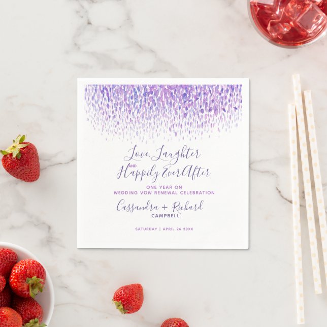 Purple wedding vow renewal 1 year on happily after napkins (Insitu)