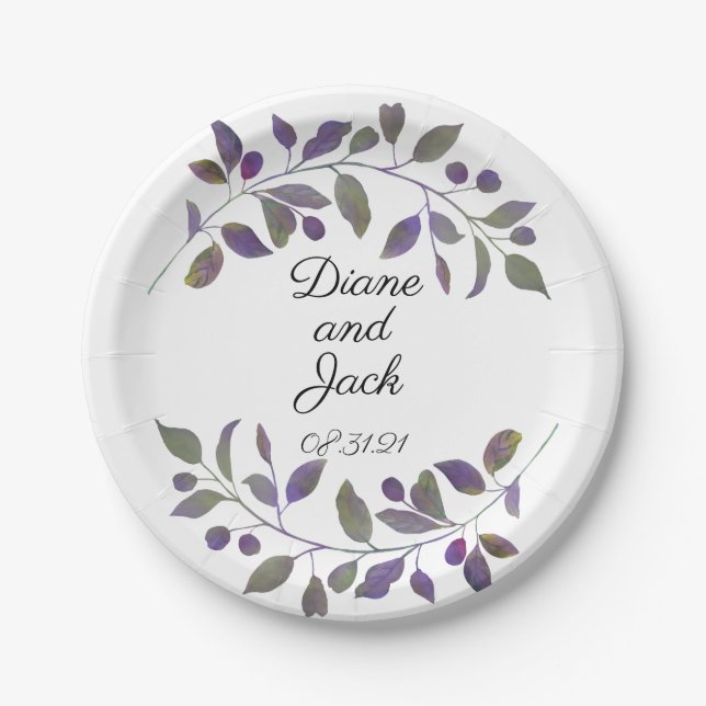 Purple Wedding Watercolor Leaf Design Paper Plates (Front)