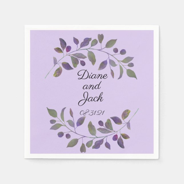 Purple Wedding Watercolor Leaf Napkins (Front)