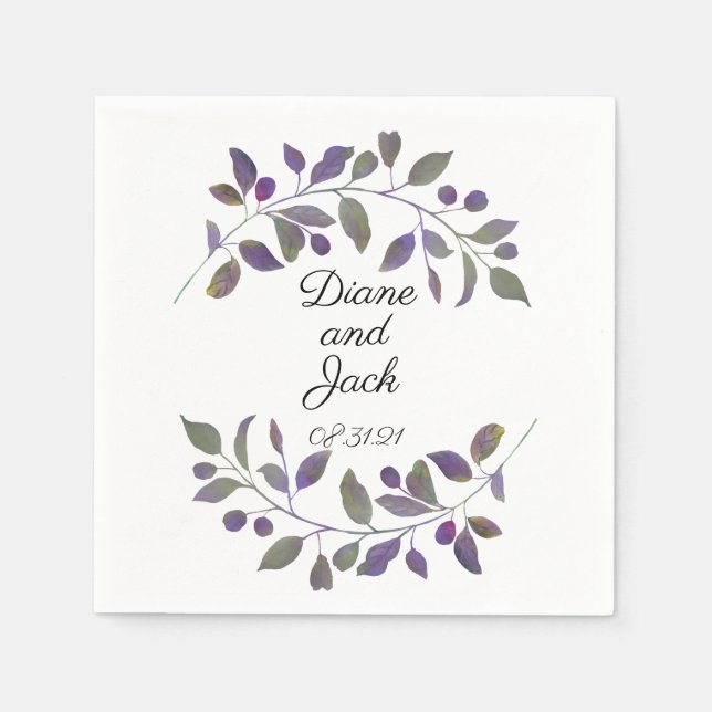 Purple Wedding Watercolor Leaf Napkins (Front)