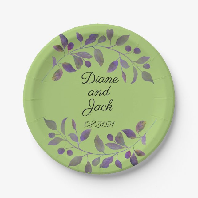 Purple Wedding Watercolor Leaf Paper Plates (Front)