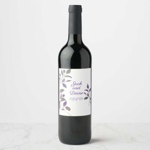 Purple Wedding Watercolor Stem Wine Bottle Label