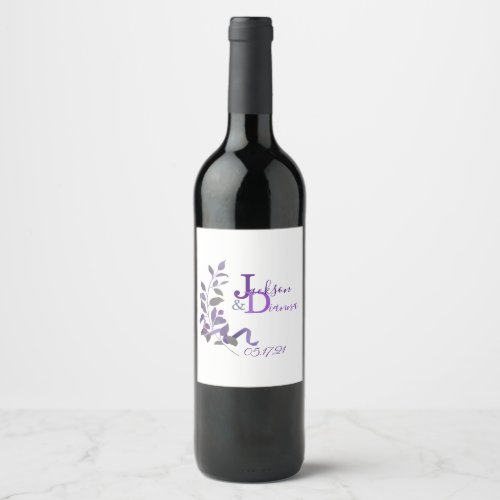Purple Wedding Watercolor Stem Wine Label