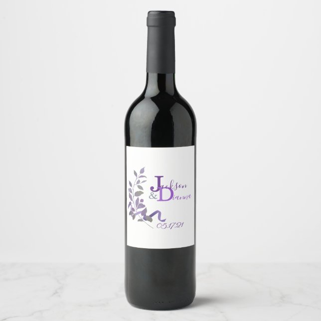 Purple Wedding Watercolor Stem Wine Label (Front)
