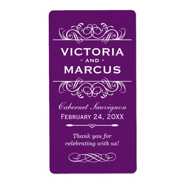 Purple Wedding Wine Bottle Monogram Favor Labels (Front)