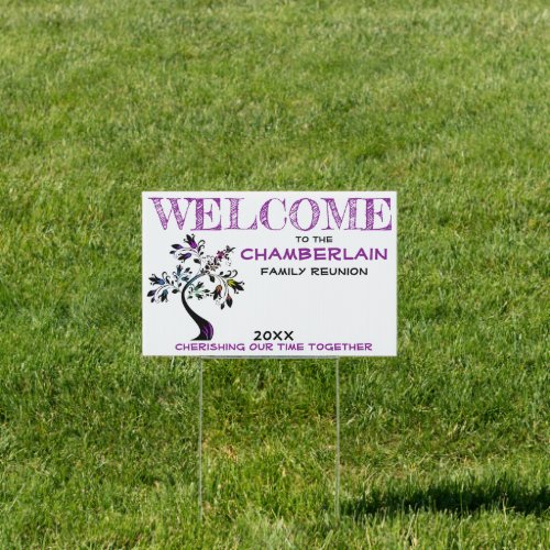 Purple Welcome Family Reunion Modern Floral Tree Sign