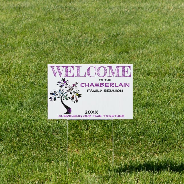 Purple Welcome Family Reunion Modern Floral Tree Sign (Insitu)
