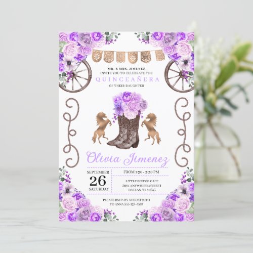 Purple Western Charra Floral Boots Quinceaera Invitation