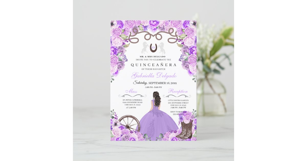 Purple Western Charra Girl Ranchero Quinceanera Invitation | Zazzle