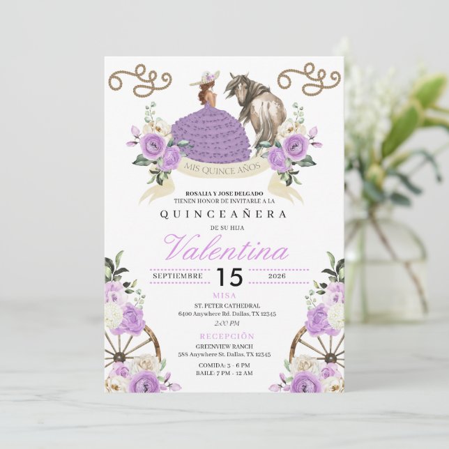 Purple Western Charro Horse Quinceañera Invitation (Standing Front)