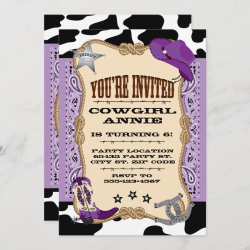 Purple Western Cowgirl Birthday Party Invitation