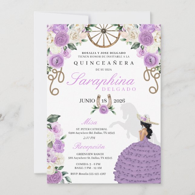 Purple Western Cowgirl Boots & Roses Quinceañera Invitation (Front)