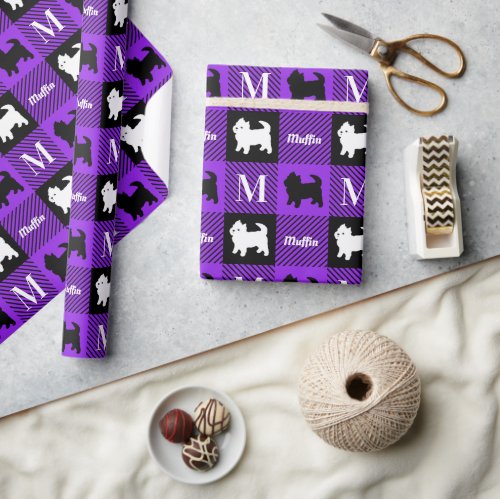 Purple Westies Buffalo Plaid Custom Name  Wrapping Paper