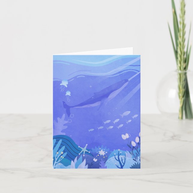 Purple whale under the sea creatures watercolor card (Front)