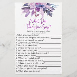 Purple What The Groom Say Bridal Shower Game Stationery