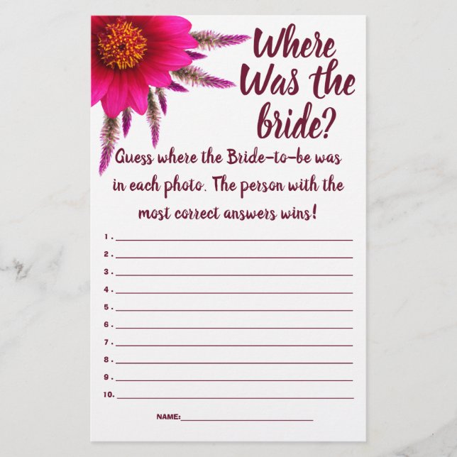 Purple Where was the bride? Shower Game Card Flyer (Front)