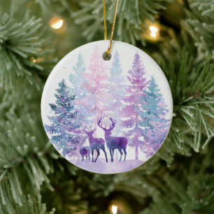 Purple Whimsical Deers Forest Christmas Ornament