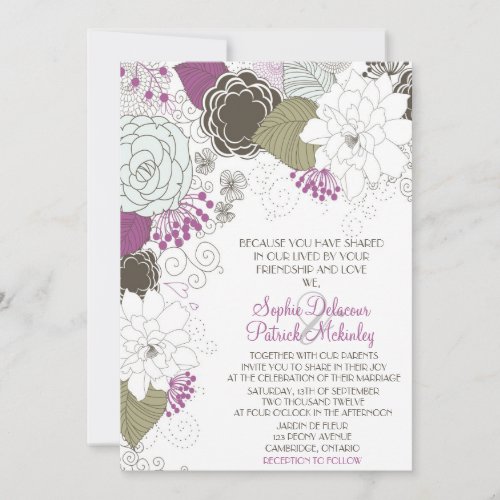 Purple Whimsical Floral Wedding Invitations