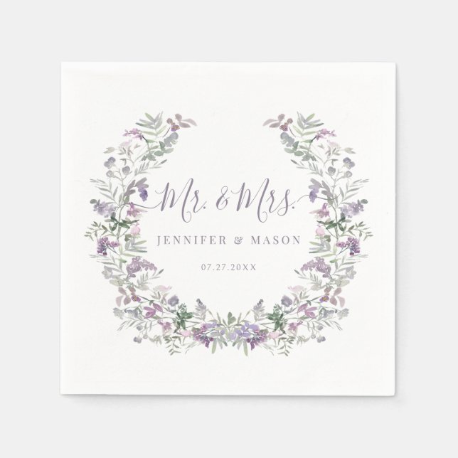 Purple whimsical floral wreath Mr Mrs wedding Napkins (Front)