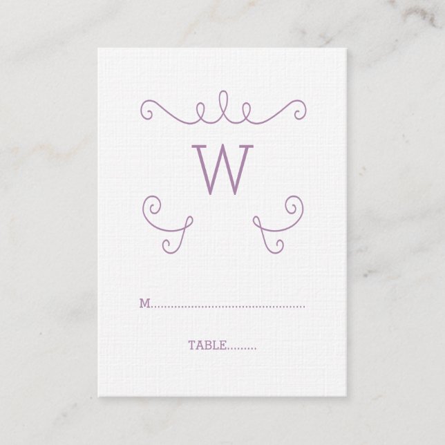 Purple Whimsical Flourish Monogram Place Card (Front)