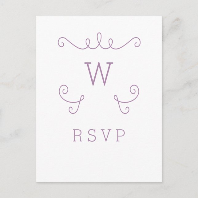 Purple Whimsical Flourish Monogram RSVP Postcard (Front)