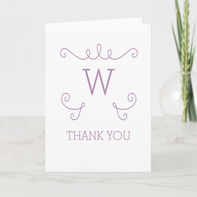 Purple Whimsical Flourish Monogram Thank You Card (Front)