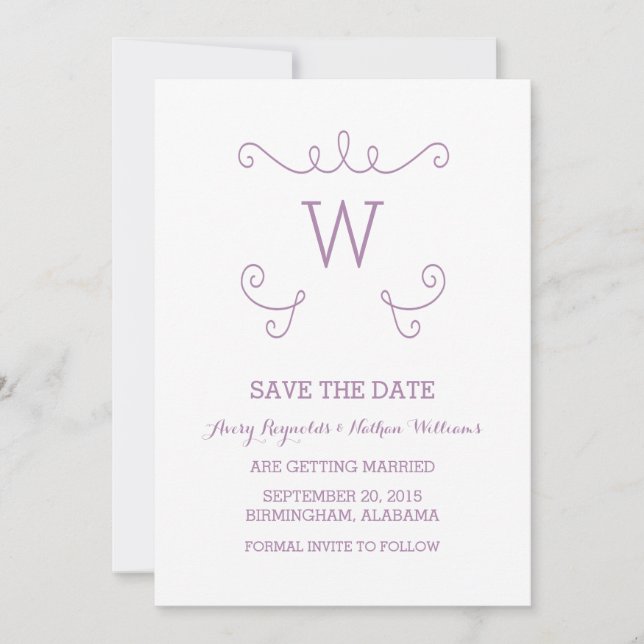 Purple Whimsical Flourish Save the Date Invite (Front)