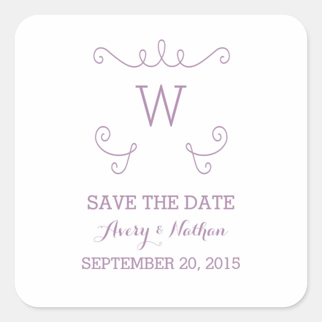 Purple Whimsical Flourish Save the Date Stickers (Front)
