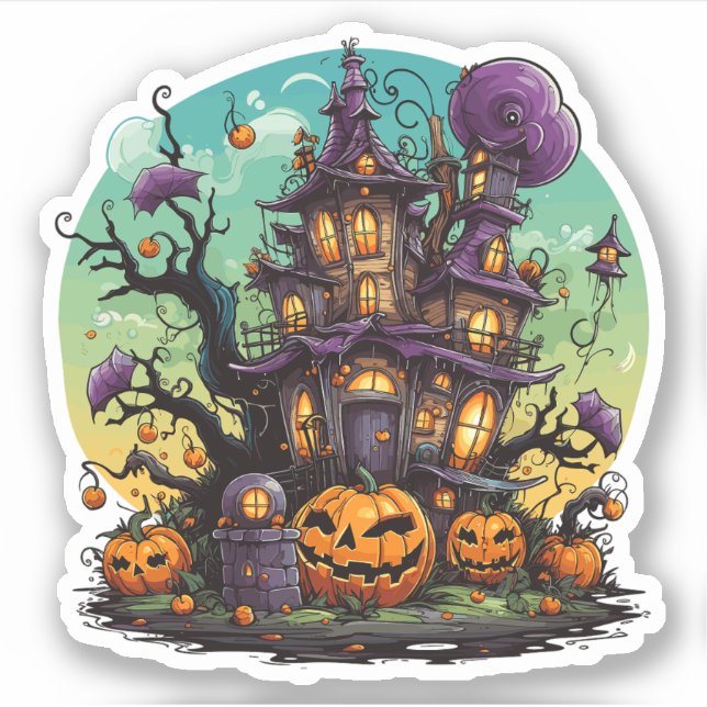 Purple Whimsical Halloween House  Sticker (Front)