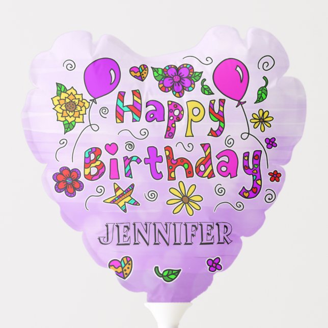 Purple Whimsical Happy Birthday Flowers and Hearts Balloon (Front)