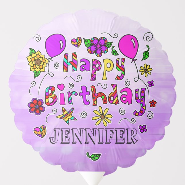Purple Whimsical Happy Birthday Flowers and Hearts Balloon (Front)