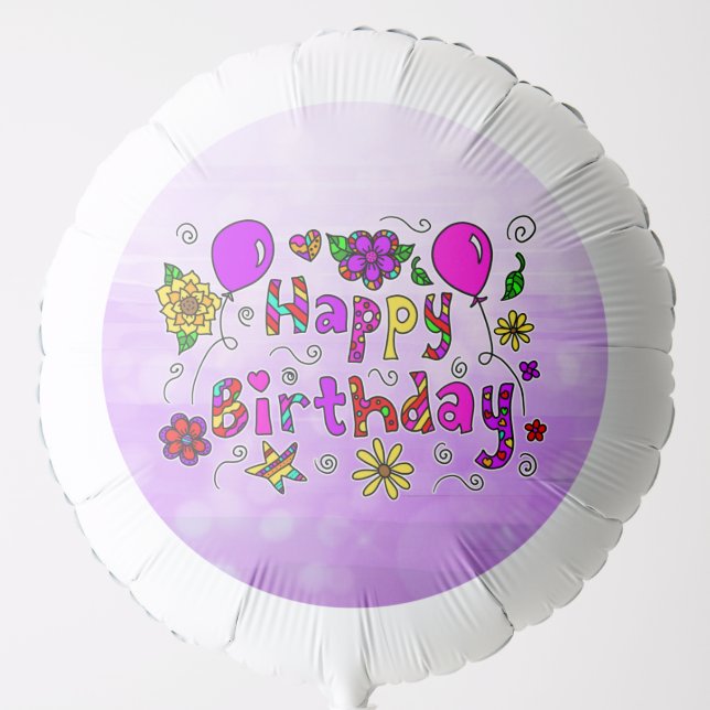 Purple Whimsical Happy Birthday Flowers and Hearts Balloon (Front)