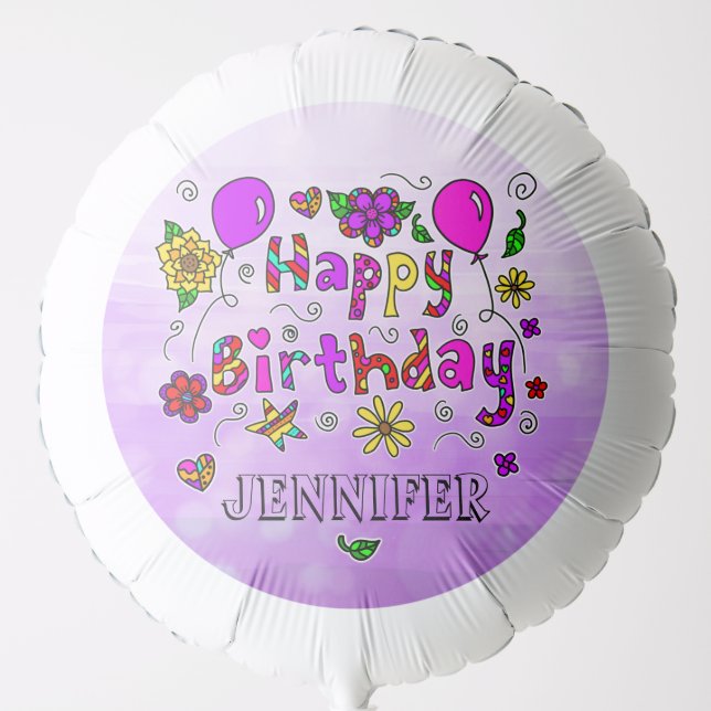 Purple Whimsical Happy Birthday Flowers and Hearts Balloon (Front)
