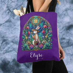 Purple Whimsical Stained Glass Easter Bunny Tote Bag