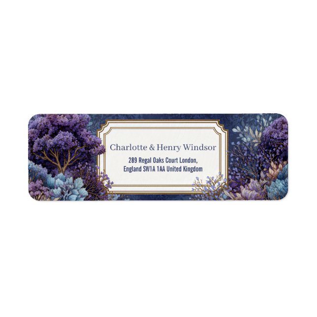 Purple Whimsical Tree Gilded Scalloped Landscape Label (Front)